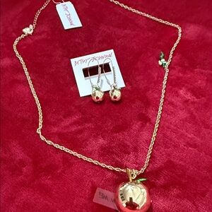 Betsey Johnson Gold Apple Necklace and Earrings with Green Leaf Accent